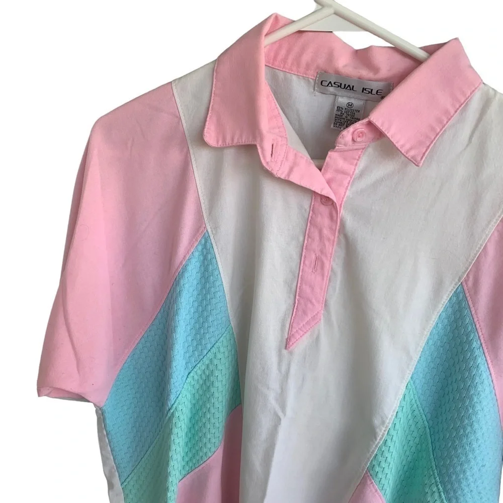 Vintage Casual Isle Blouse Top Women Medium Pink Blue Parachute Ladies Shirt - Picture 2 of 4
